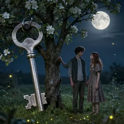 a young couple stands by apple tree. there is a very large silver key. fine detail. realistic. fireflies. full moon. folk horror art style. eerie