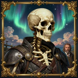 a detailed profile illustration of skelleton, bounty hunter portrait symmetrica, aurora lighting clouds and stars by beksinski carl spitzweg and tuomas korpi. baroque elements. baroque element. intricate artwork by moebius. Trending on artstation. 8k