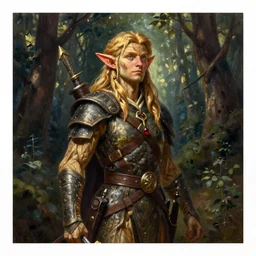 beautiful oil painting with high detail of a wood-elf ranger from dungeons and dragons in the forest by artgerm and greg rutkowski and thomas kinkade