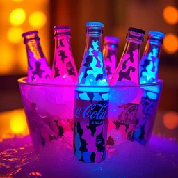 an ice bucket of cold coca - cola bottles, filled with glowing prismatic dazzle camouflage dayglo pink blue technicolor liquid, by andy warhol and francis picabia, volumetric lighting, rendered in octane, trending on artstation