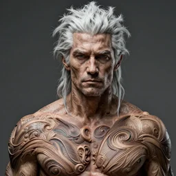 hyperrealistic [ portrait of a man ] with [ white locks of hair ]!! rugged ripped body type upper body intricate photography heavily detailed 3 2 k 1 6 k artstation hq sharp focus illustration intricate elegant wlop artgerm greg rutkowski alphonse mucha medium shot dan mumford tomokazu matsuyama takoto yamamoto