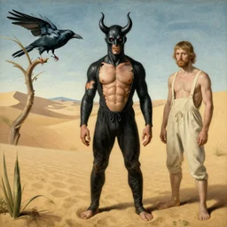 Exterior Desert Oasis ripped physique demonic crow wearing a man costume giorgio de chirico Jan Van eyck bastien lecouffe-deharme odd nerdrum dragan bibin john steuart curry