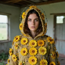 a woman wearing a hooded cloak made of zinnias and barbed wire, in a derelict house, by Michela Riva, natural light, detailed face, CANON Eos C300, ƒ1.8, 35mm, 8K, medium-format print