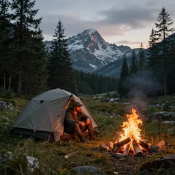 an epic fantasy adventurer's tent left alone with a dying fire, 4 k, extremely detailed. award winning, trending on artstation, 8 k, ultra wide angle