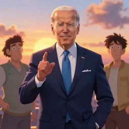 a joe biden as a fancy business man, in studio ghibli, pixar and disney animation character design, sharp, rendered in unreal engine 5, anime key art by glen keane, ross tran, bloom, dramatic lighting, sunrise