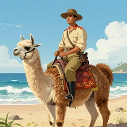 A soldier riding on a lama at the beach, digital art, propaganda poster