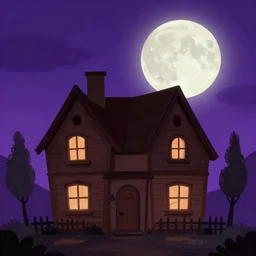 A creepy house under a full moon | Cartoon art style | Brown house | Purple sky