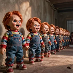 screaming chucky dolls in a long conga line