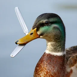 a duck with a swiss army knife in his beak, the swiss army knife is held by the beak.