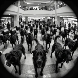camera footage of a Dozens of Feral Black Dogs with rabies in an abandoned shopping mall, high exposure, dark, monochrome, camera,  grainy, CCTV, security camera footage, timestamp, zoomed in, Feral, fish-eye lens, Nightmare Fuel, Dog, Evil, Zerg, Brood Spreading, Motion Blur, horrifying, lunging at camera :4