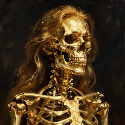 Portrait of an skeleton made of gold by greg rutkowski, Mandy Jurgens