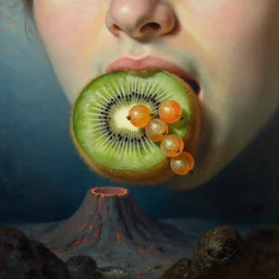 kiwi and gooseberry hugs in the mouth of an underwater volcano, painting by ivan aivazovski