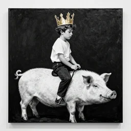boy with gold crown riding pig in style of Display Painting in high contrast black and white 8k