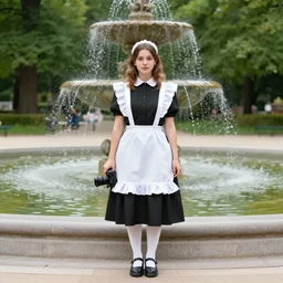 a full body portrait of a European young maid standing in front of a fountain in a park, 8k, photo taken with Sony a7R camera, by William-Adolphe