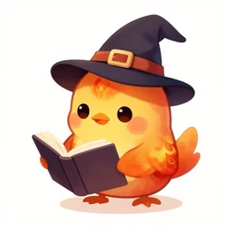 cute fiery bird wearing a witch\'s hat and looking at a book. inquisitive, kawaii, cute, adorable, chibi, digital art, trending on artstation, stylized, colorful feathers, fiery bird, background = library, anime art by Aokamei and Ross Tran