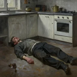 dark oil realistic painting a gaunt man is lying in pain on a floor of soviet kitchen