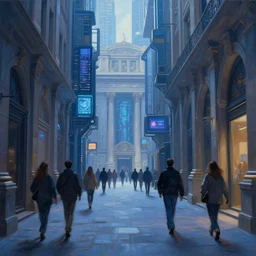 hyperrealistic and beautiful painting of an alley way of a grand city, wanderers traveling from afar, classical architecture, technological lights, screens, 8 k resolution, by hugh ferris and john smith, polished, fine detail, blue color scheme, cyberpunk style, smooth, octane, concept art, trending on artstation
