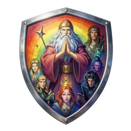 Magic sorcerer rainbow shield, Boris Vallejo, Julie Bell, Zdzisław Beksiński, Ed Binkley, Mark Brooks Frank Frazetta, Greg Hildebrandt, Tim Hildebrandt, Alex Horley, Ralph Horsley, Peter Andrew Jones, Eddie Mendoza, Earl Norem, Greg Rutkowski, Michael Whelan, Artgerm
