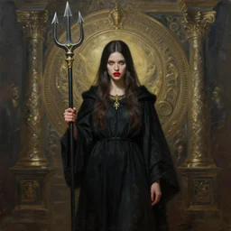 perfectly - centered - portrait of a girl wearing black robe holding trident, red teeth, intricate, epic scale, rule of third, highly detailed, digital painting, artstation, concept art, sharp focus, illustration, oil painting, unreal engine 5, 8 k, art by artgerm and james jean and sam spratt and greg rutkowski