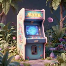 80s outdoor retro arcade, pastel colors, desolate, lush vegetation, moody:: by beeple and James Gilleard and Justin Gerard :: ornate, dynamic, particulate, intricate, elegant, highly detailed, centered, artstation, smooth, sharp focus, octane render, 3d