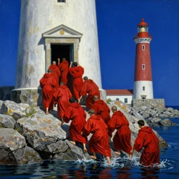 worshippers in red robes belonging to the cult of the lighthouse clambering out of the water onto the rocky shore at the base of the light house, walking into the entrance of the light house, high detailed beksinski painting, part by adrian ghenie and gerhard richter. art by takato yamamoto. masterpiece, deep colours, blue