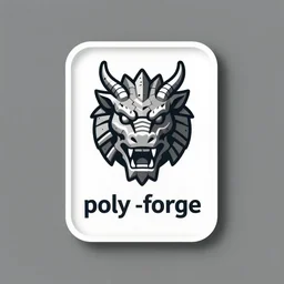 high quality simplified rectangular logo of a medieval stone blacksmith forge shaped like a realistic dragon head with open mouth looking at viewer, for a company called poly - forge, symmetrical!!!, award winning, art deco!!!!!!