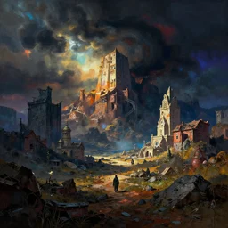a landscape where the future and the past collide, dramatic lighting, prismatic colors, rough emotional digital art, 8 k, fantasy