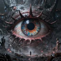 a giant evil unblinking eye in an eldritch apocalyptic landscape by HR Giger, fantasy art, 4k, HDR, photorealistic, 8k, trending on artstation