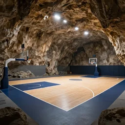 a basketball court inside a cave with premium lighting