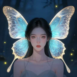 portrait of beautiful faerie with butterfly wings, headshot, symmetrical, elegant, regal, intricate, fireflies in a twilight background, highly detailed, digital painting, artstation, concept art, sharp focus, watercolor ink illustration, muted color, complementary colors, art by artgerm, bastien lechouffe deharme, greg rutkowski and alphonse mucha