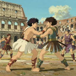 gladiator, fighting, arena, colosseum, ancient rome, anatomy body, r, deadly battle, in the style of studio ghibli, j. c. leyendecker, greg rutkowski, artgerm