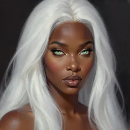 A head-on detailed oil fantasy portrait of a beautiful black woman with pale green eyes and long white hair by greg rutkowski and artgerm, trending on artstation, dungeon and dragons art