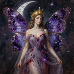 breathtaking detailed soft painting of full shot butterfly queen with a golden headpiece, amethyst moon wings, gauze dress draped of blood and constellations and nebulae in the background, rembrandt style, elegant, highly detailed, artstation, concept art, matte, sharp focus, art by tom bagshaw, seb mckinnon and greg rutkowski