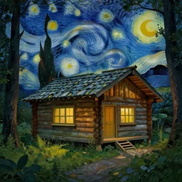 [ a log cabin in the forest ] [ van gogh ] [ lighting ]