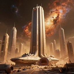 a warm colours, highly detailed cinematic scifi render of a 3 d sculpt of'tyrell corporation headquarters'military cyberpunk john harris subway tunnel hoover dam'aircraft carrier tower'megalithic tower structure city in space, beeple, halo, star wars, ilm, star citizen, halo, mass effect, high tech industrial, artstation unreal, dramatic powerful nebula, volumetric lighting, 4 k, 8 k, hd