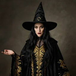 portrait of a witch, dressed in black clothes embroidered with gold, by alex ross.