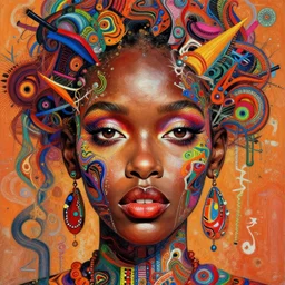 beautiful 👩🏿🦸🏾 face, bizarre, chaotic, vivid, hyper detailed, digital art, in the style of james jean, victo ngai, e. a. seguy patterns, experimental abstract art, dadaist, mixed media collage, bizarre, vibrant, psycho, warm colors