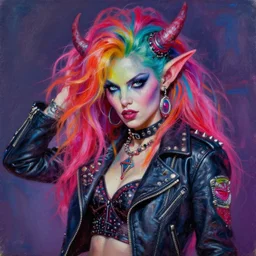 portrait of a apocalyptic demonic orc goblin female biker babe character, cool pose, psychedelic vibrant colors, futuristic punk rock fashion, oil painting by michael whelan art, sharp focus, realistic, detailed eyes, 8 0 s hair, studded leather jacket, 8 k