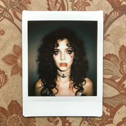 an instant photo of a beautiful but creepy young woman in layers of fear, with haunted eyes and curly hair, wearing a vivienne westwood choker, 1 9 7 0 s, seventies, wallpaper, moorland, a little blood, moonlight showing injuries, delicate embellishments, painterly, offset printing technique, by mary jane ansell