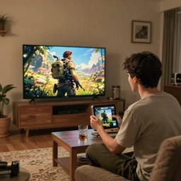 my friend mark kidd playing fallout new vegas on the xbox 3 6 0 in his living room. the tv is the only light source, in the style of studio ghibli