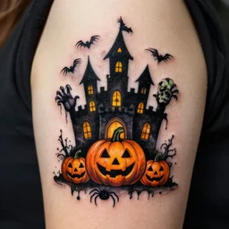 halloween tattoo ideas, castle, zombies, pumpkin, spider
