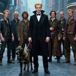 realistic detailed portrait movie shot of an elegant blond male vampire with a cerberus on a leash, futuristic street background by denis villeneuve, amano, yves tanguy, alphonse mucha, max ernst, caravaggio, edward robert hughes, roger dean, rich moody colours, dog teeth, blue eyes