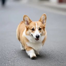 a corgi walking down the street