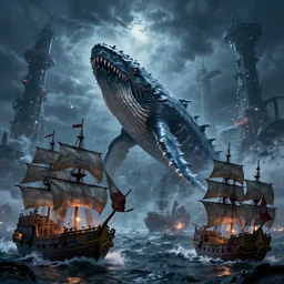 lot of pirate ships fighting a kraken monster during a stormy night, rule of thirds, super details, hyperrealist, cinematic style, giger towers on background