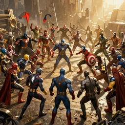 a large-scale battle of Marvel superheroes against DC villains, matte painting, highly detailed, caustics, cinematic, dramatic sunlight, golden ratio, deeply textured, atmospheric,