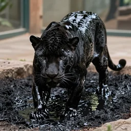 the smooth black jaguar, made of smooth black goo, bathing in tar in the zoo exhibit, viscous, sticky, full of tar, covered with black goo. photography, dslr, reflections, black goo, zoo, exhibit