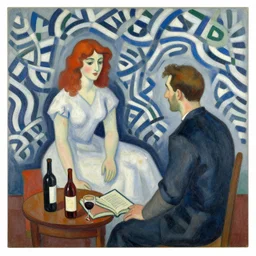 1 man, 1 woman, deck, wine, book, auburn hair, by robert delaunay endless rhythm