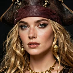 face of a female pirate, blond hair, beautiful, golden necklace, close - up, by luis royo, fantasy, medieval