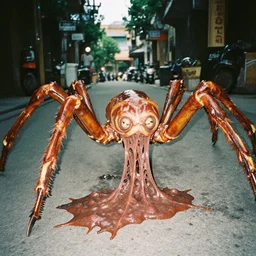 2 0 2 2, disposable camera, flash, pov, hanoi street, big meaty many legs creature, sliding, meat, ooze, slime, veins, wet