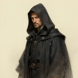 character concept portrait of a man in dark robes, hooded, drawn by greg rukowtski